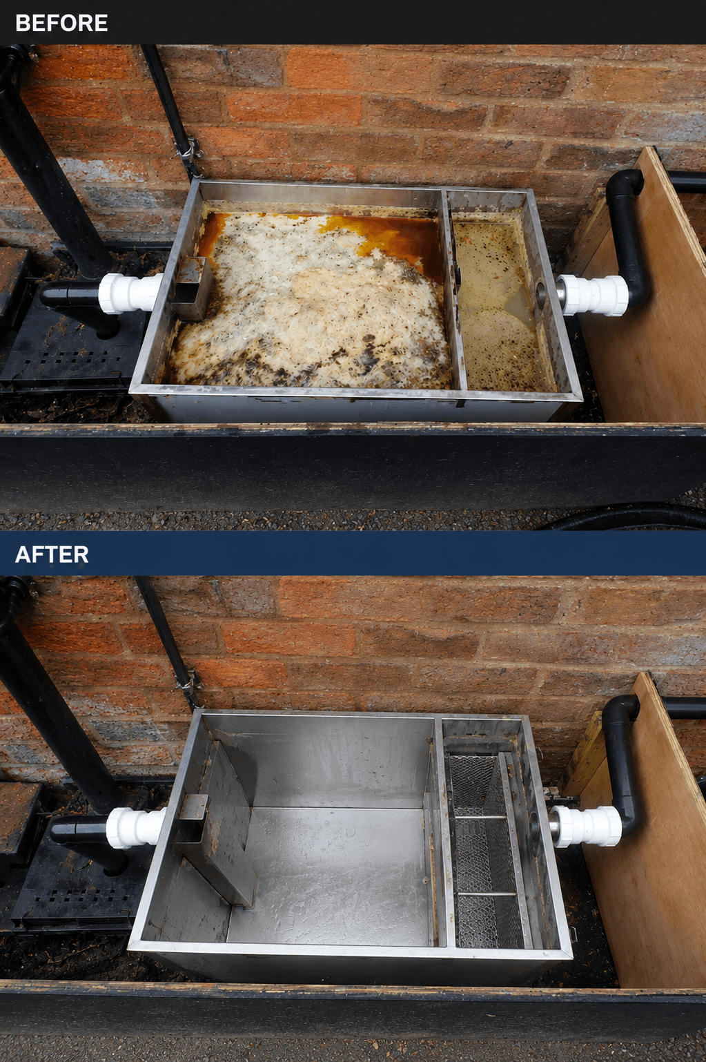 Before and after grease trap clean showing the result of a professional servicing visit